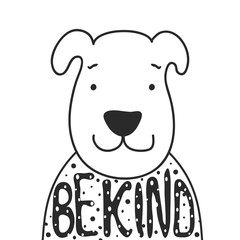 Vector black and white illustration with cute friendly face dog