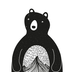 Vector illustration with cute cartoon style bear. Mountains inside.