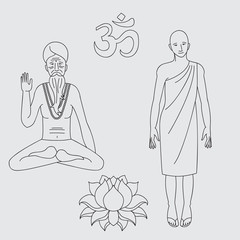 outline yoga meditating sadhu, logo asia hinduism monk, india religious man character, Outline buddhist monk,  Om sign. Hand drawn lotus flower. Isolated icons of Mudra. Vintage decorative elements.