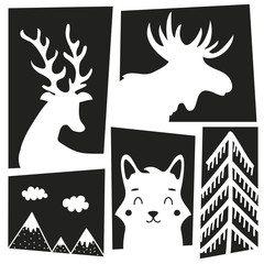 Cute forest animal and nature set - deer, moose, pine tree, mountains and fox.
