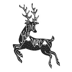 Vector illustration with jumping deer silhouette with mountains.