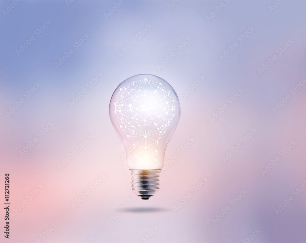 Poster Abstract network connection in light bulb on a pastel color back