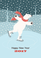 Card with a polar bear skating on ice, snow and winter trees. Vector background.