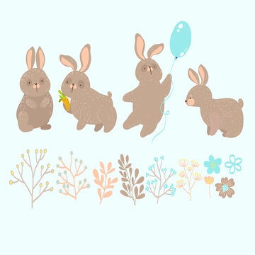 Set of eight cute rabbits in bright colors. Funny doodle bunny
