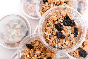 Healthy breakfast. Fresh granola in plastic package