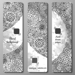 Abstract vector hand drawn doodle floral pattern card set. Series of image Template frame design for card.
