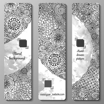 Abstract vector hand drawn doodle floral pattern card set. Series of image Template frame design for card.
