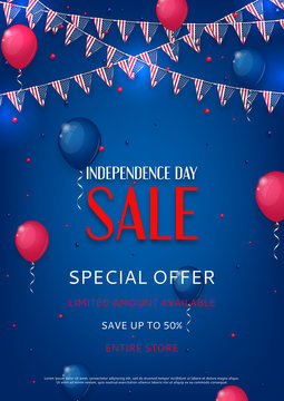 Design of the flyer of Independence Day sale. Color background with air balloons and with a garland from American flags. American Independence Day celebration poster, vector illustration.