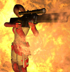 Female gunner aiming through firestorm. - obrazy, fototapety, plakaty