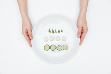 Two hands holding a plate with cucumber, mozzarella and herbs