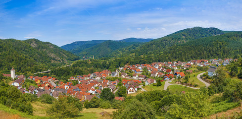 Fototapeta na wymiar Beautiful panoramic view of the village Langenbrand in the mountains of Schwarzwald.Black Forest.Germany