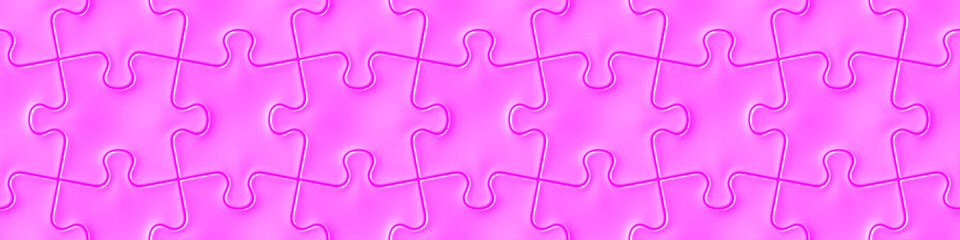 banner with interlocking bright pink jigsaw puzzle pieces (seamless texture, format 4x1, 3d illustration)