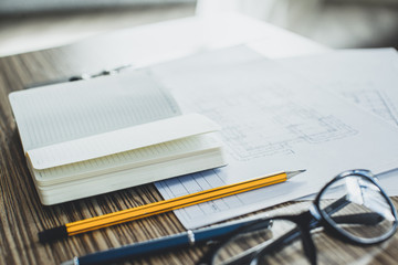 Project drawings and tools, close up