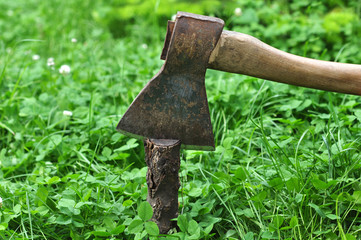 Axe In Wood Log Over Green Grass