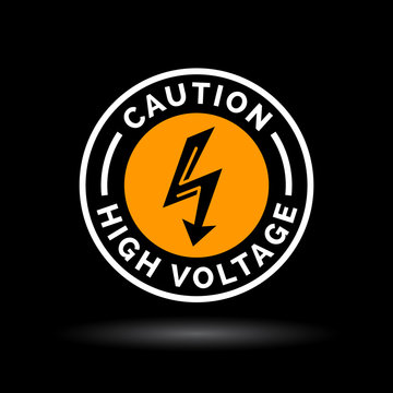 Caution high voltage sign. Electrical hazard arrow icon. Danger electric shock strike symbol. Electric bolt icon in orange circle emblem on black background. Vector illustration.