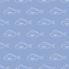 Seamless pattern of fish on a blue background. Graphic illustration of menu design, packaging bags, recipes, textiles.