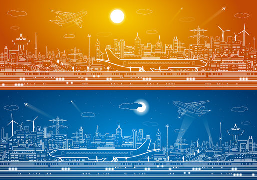 Airport panorama, aircraft on runway, airplane takeoff, city infrastructure on background, 