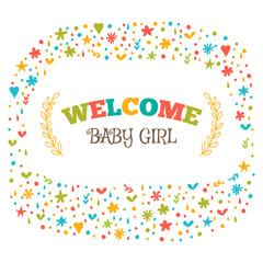 Baby girl shower card. Welcome baby girl. Baby girl arrival post