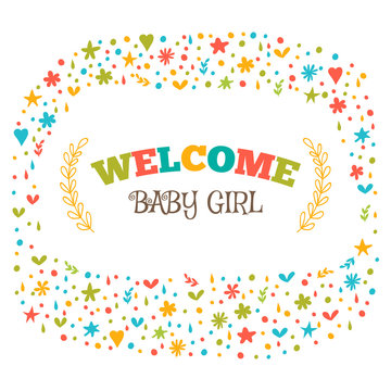 Baby girl shower card. Welcome baby girl. Baby girl arrival post