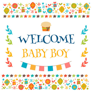 Welcome baby boy shower card. Arrival card. Cute postcard with d