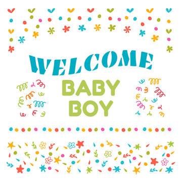 Welcome baby boy shower card. Arrival card. Cute postcard. Annou