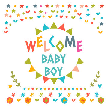 Welcome baby boy shower card. Cute postcard with decorative elem