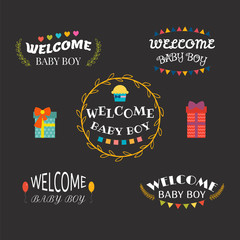 Welcome baby boy. Baby shower card design. Baby boy arrival post