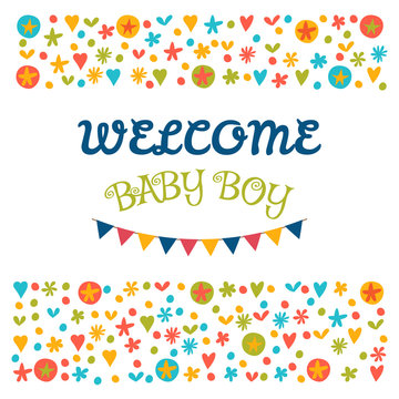 Welcome baby boy. Baby shower greeting card. Baby boy shower car