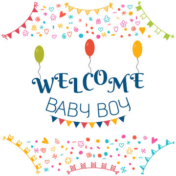 Welcome baby boy. Baby shower greeting card. Cute baby boy showe