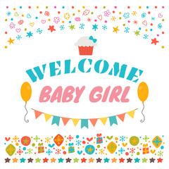 Welcome baby girl. Announcement card. Baby shower greeting card.