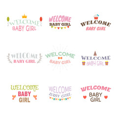 Fototapeta na wymiar Welcome baby girl. Baby girl arrival postcards. Baby shower card