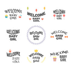 Fototapeta premium Welcome baby girl. Baby shower design. Baby girl arrival postcar
