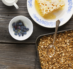 Healthy breakfast. Honey crisp flavorful granola with nuts and berries