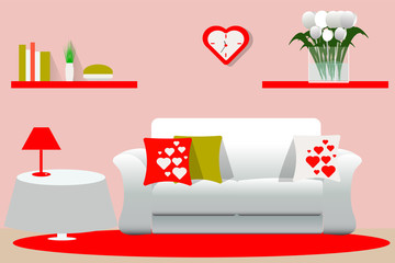 Living room interior vector illustration. Living room in the romantic style. Flat design. Room furniture sofa, table, shelf, flowers