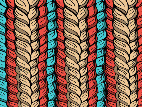 Hand-drawn rectangular pattern with a vector image of interwoven strands of hair or yarn in warm pastel shades of pale, beige, red and blue. Suitable for web design, artwork, prints, invitations.