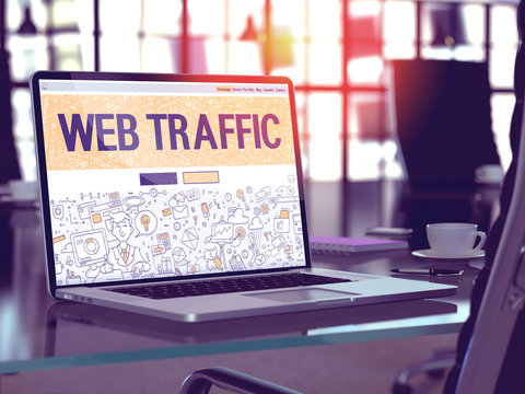 Web Traffic Concept. Closeup Landing Page on Laptop Screen in Doodle Design Style. On Background of Comfortable Working Place in Modern Office. Blurred, Toned Image. 3D Render.