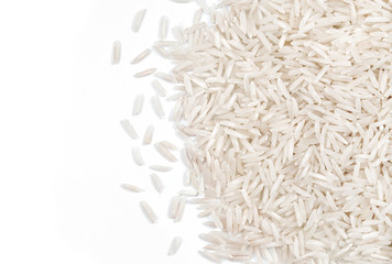 Close up of white rice  on white background. Top view, high resolution product.