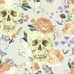 Vector seamless pattern with skull and flowers