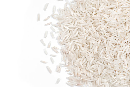 Close up of white rice  on white background. Top view, high resolution product.