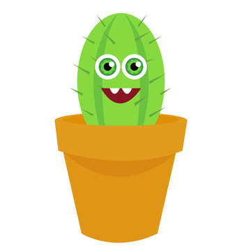 CACTUS VECTOR FLOWER POT ICON THORNS SMILE CARTOON IMAGE, HAPPY FACE, FUNNY CHARACTER DESIGN