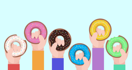 Vector flat illustration of human hands and donuts