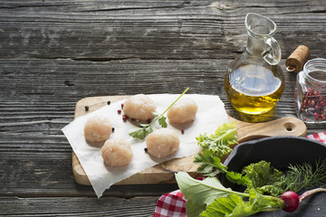 chicken cutlets on frying pan. style rustic. selective focus