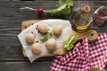 chicken cutlets on frying pan. style rustic. selective focus