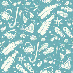 Swimsuits and flip flops background in vintage color. Illustration of swimsuits, masks, shells, flippers and sunglasses. Summer vacations seamless pattern. Hand drawn beach accessories in retro style.