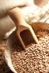 Buckwheat in wooden bowl
