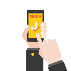 Hand holding  smart phone illustration for flight check in application, Hand touching screen,Hand Using smart phone for business airline concept, flat design