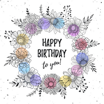 Birthday greeting card with flowers hand drawn black on white background. Decorative doodle frame from flowers and watercolor dots. Happy birthday concept.