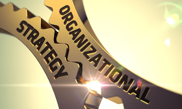 Organizational Strategy - Industrial Design. Organizational Strategy on Mechanism of Golden Metallic Gears with Lens Flare. Organizational Strategy - Concept. 3D Render.