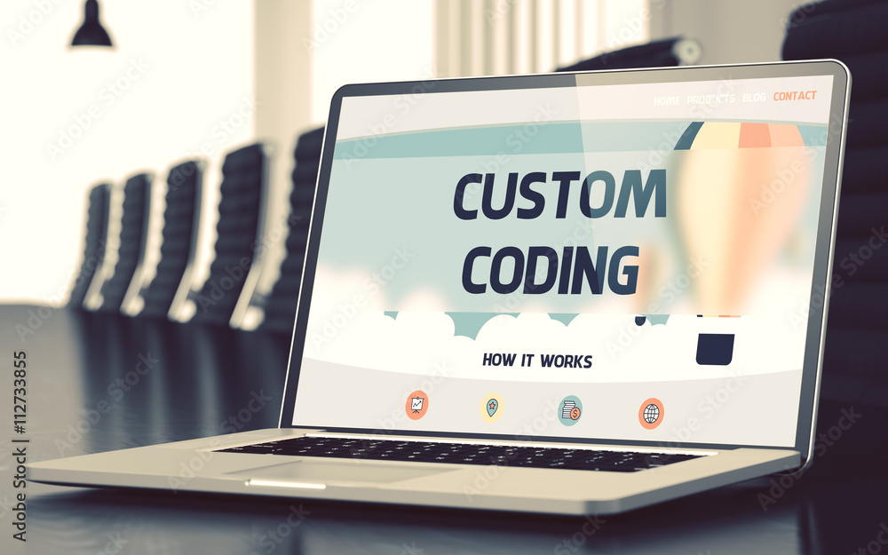 Poster modern conference hall with laptop showing landing page with text custom coding. closeup view. toned