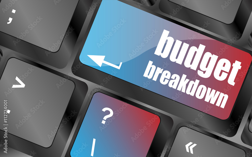 Poster budget breakdown words on computer pc keyboard vector . keyboard keys, keyboard button, keyboard icon
